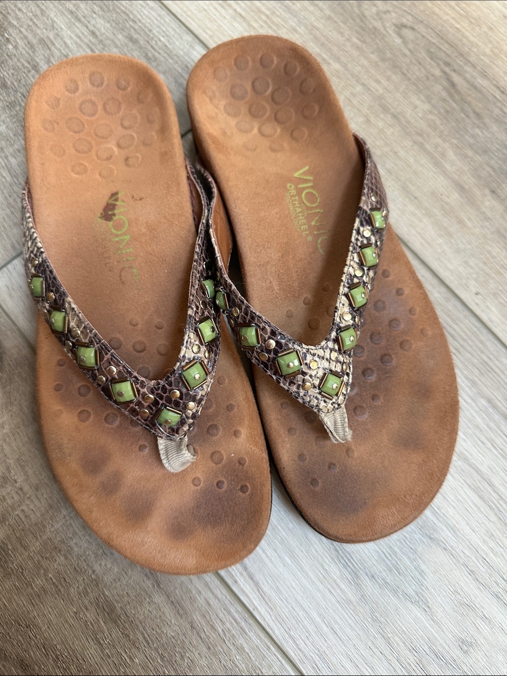 Vionic Brown Flip Flop Sandals with Green Gem Accents